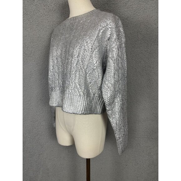 Hooked up by Lot Juniors' Shine Cable-Knit Crewneck Sweater Silver Size XS NWT's - Picture 4 of 8